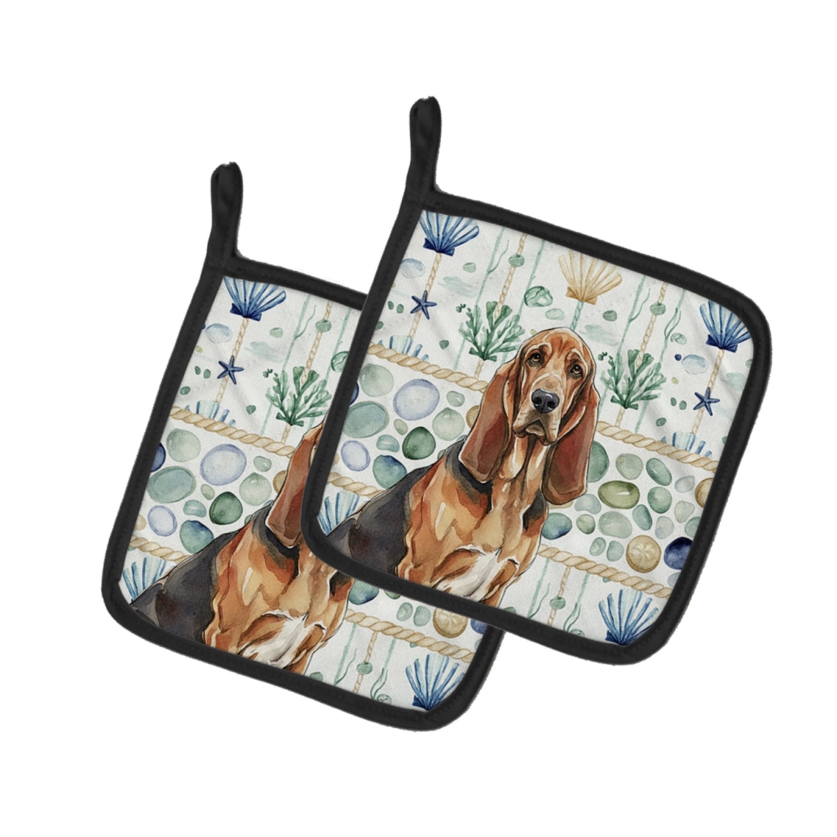 Picture of Carolines Treasures WDK6918PTHD 7.5 x 7.5 in. Liver & Tan Bloodhound Coastal Sea Glass Pair of Pot Holders