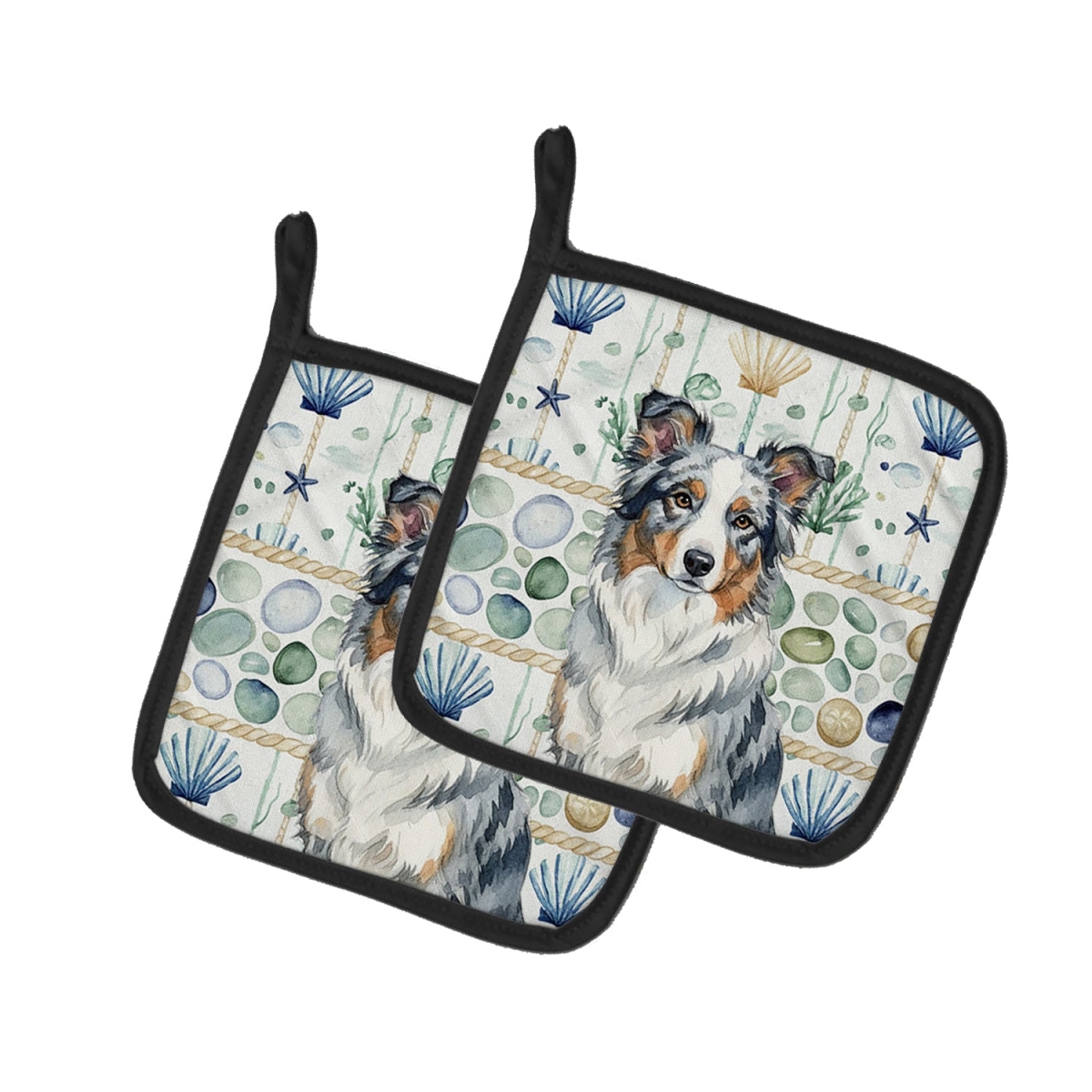 Picture of Carolines Treasures WDK6922PTHD 7.5 x 7.5 in. Blue Merle Border Collie Coastal Sea Glass Pair of Pot Holders