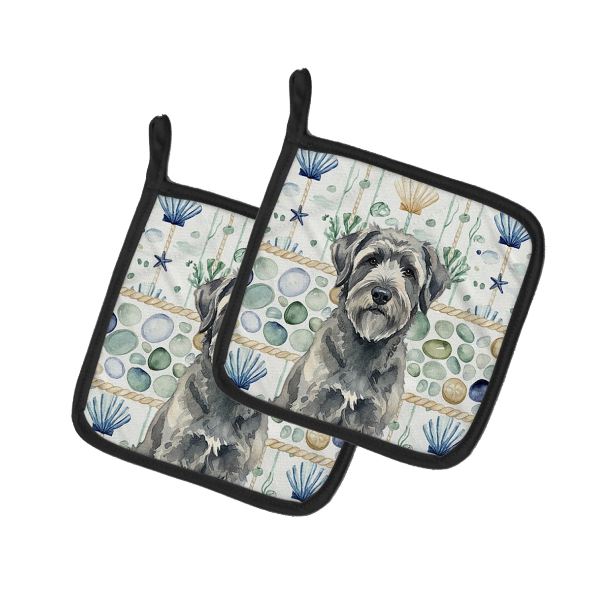 Picture of Carolines Treasures WDK6935PTHD 7.5 x 7.5 in. Gray Bouvier des Flandres Coastal Sea Glass Pair of Pot Holders
