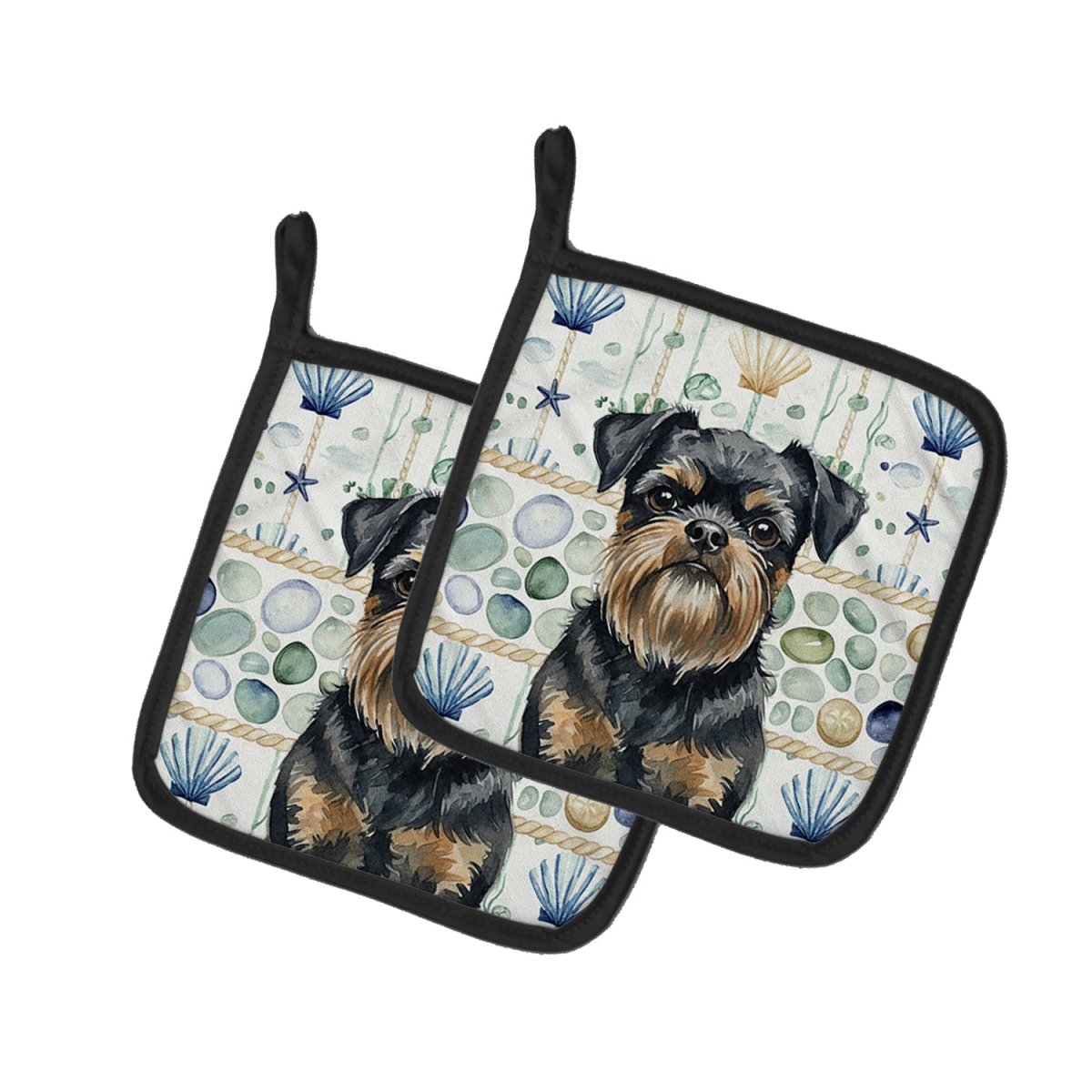 Picture of Carolines Treasures WDK6947PTHD 7.5 x 7.5 in. Black & Tan Brussels Griffon Coastal Sea Glass Pair of Pot Holders