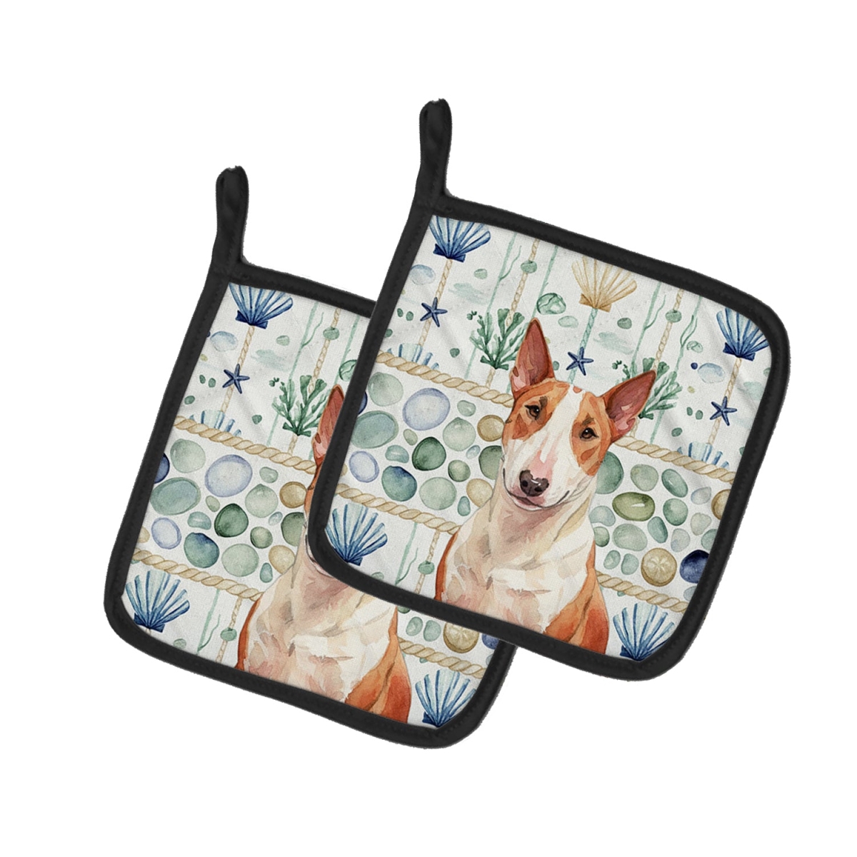 Picture of Carolines Treasures WDK6951PTHD 7.5 x 7.5 in. Red & White Bull Terrier Coastal Sea Glass Pair of Pot Holders