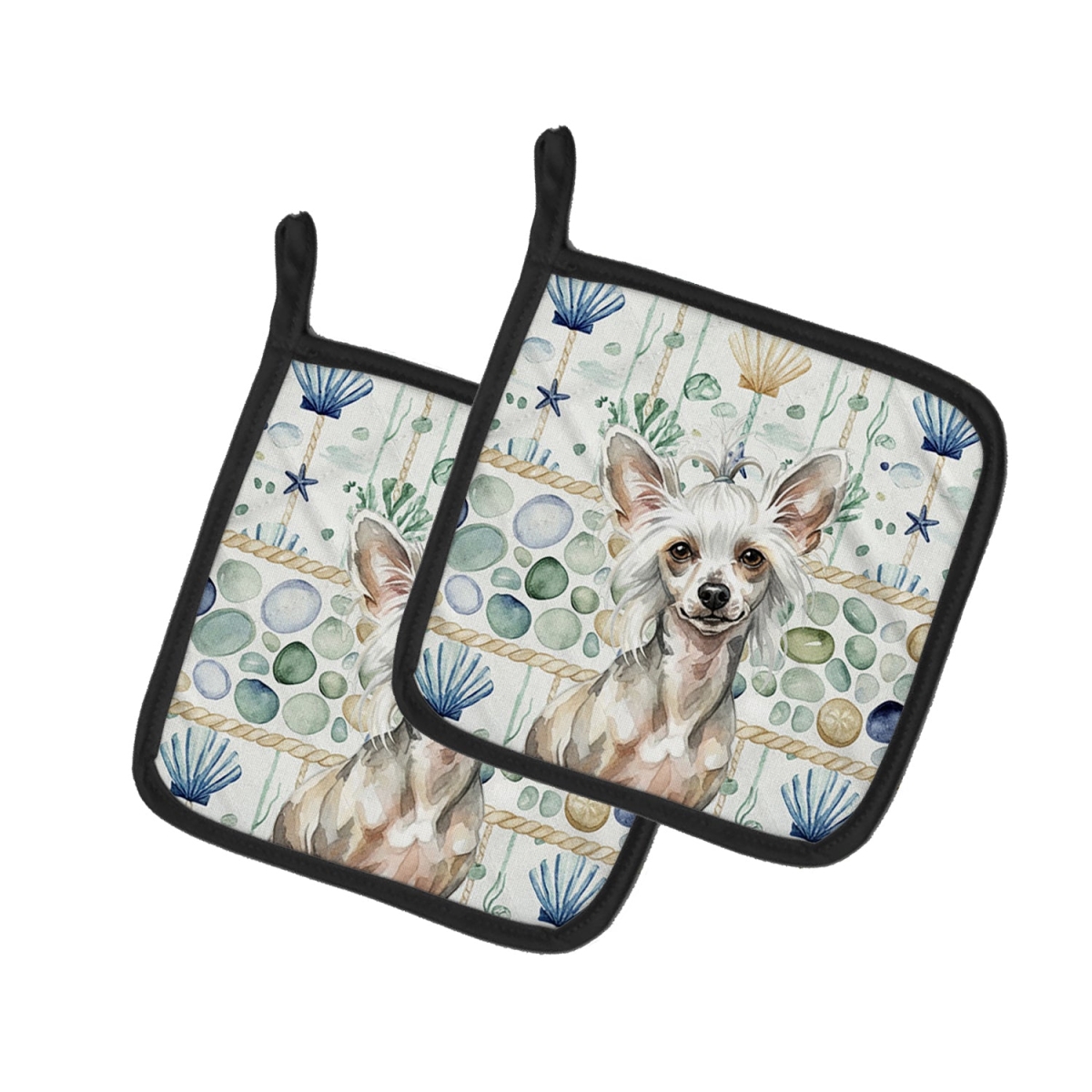 Picture of Carolines Treasures WDK6974PTHD 7.5 x 7.5 in. Hairless Mottled Pattern Chinese Crested Coastal Sea Glass Pair of Pot Holders