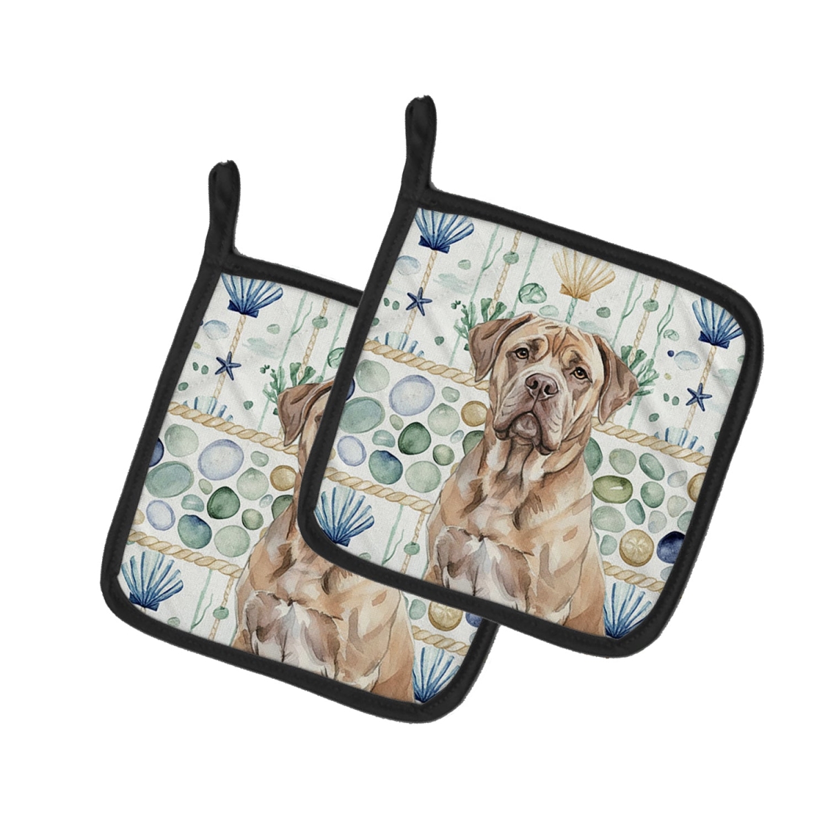 Picture of Carolines Treasures WDK7012PTHD 7.5 x 7.5 in. Isabella Dogue de Bordeaux Coastal Sea Glass Pair of Pot Holders