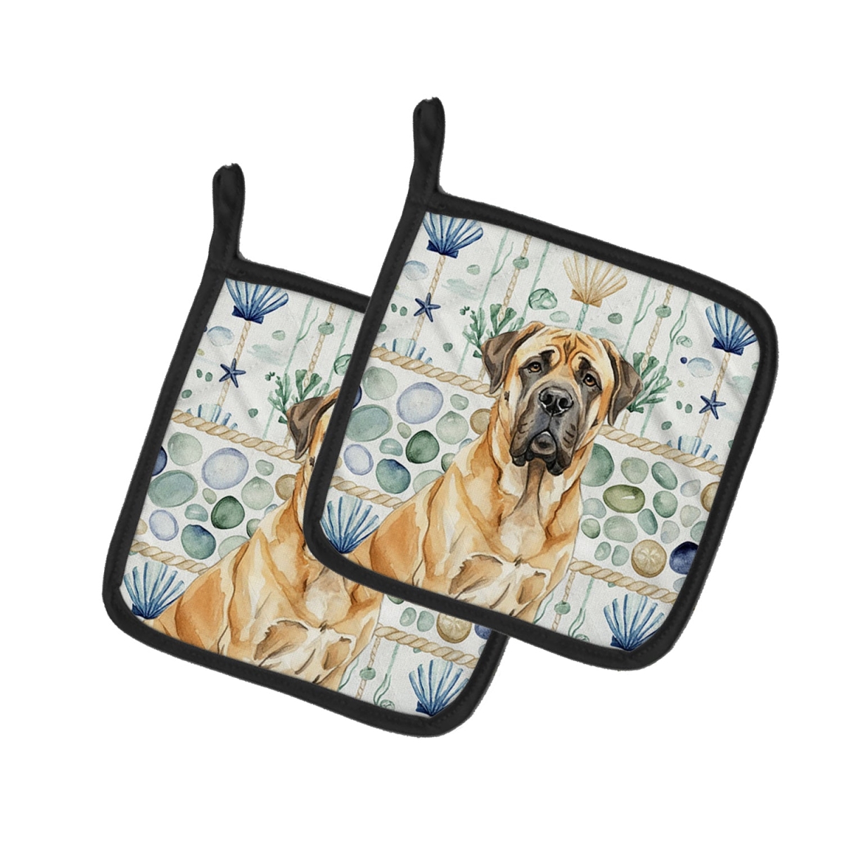 Picture of Carolines Treasures WDK7026PTHD 7.5 x 7.5 in. Fawn English Mastiff Coastal Sea Glass Pair of Pot Holders