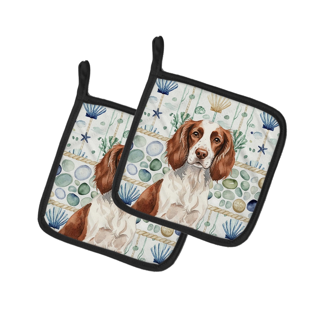 Picture of Carolines Treasures WDK7033PTHD 7.5 x 7.5 in. Liver & White English Springer Spaniel Coastal Sea Glass Pair of Pot Holders