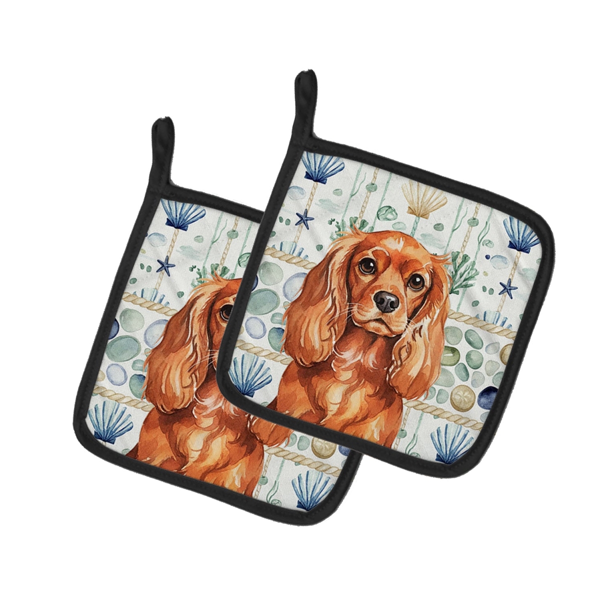 Picture of Carolines Treasures WDK7036PTHD 7.5 x 7.5 in. Ruby English Toy Spaniel Coastal Sea Glass Pair of Pot Holders
