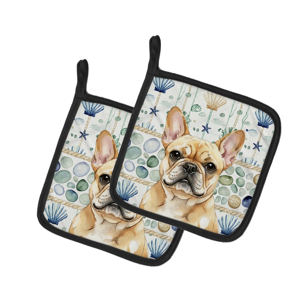 Picture of Carolines Treasures WDK7040PTHD 7.5 x 7.5 in. Fawn French Bulldog Coastal Sea Glass Pair of Pot Holders