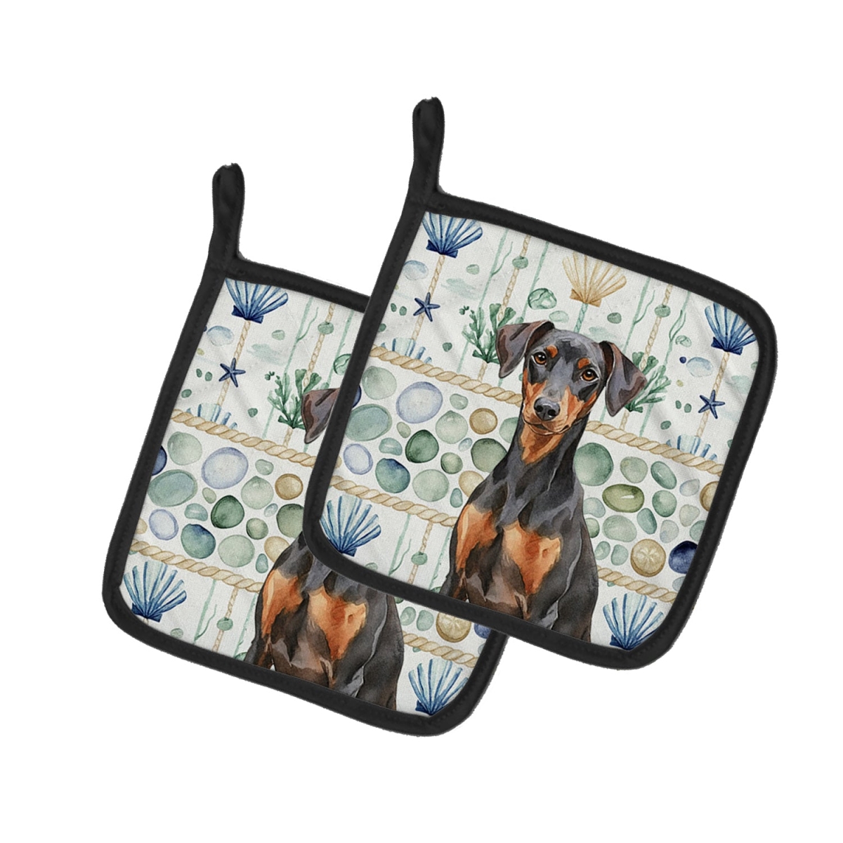 Picture of Carolines Treasures WDK7042PTHD 7.5 x 7.5 in. German Pinscher Coastal Sea Glass Pair of Pot Holders