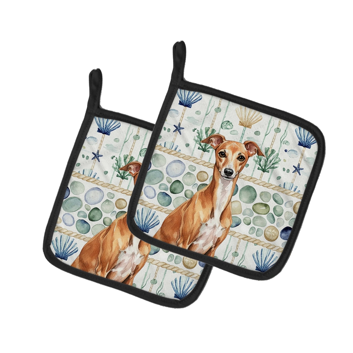 Picture of Carolines Treasures WDK7081PTHD 7.5 x 7.5 in. Red Italian Greyhound Coastal Sea Glass Pair of Pot Holders