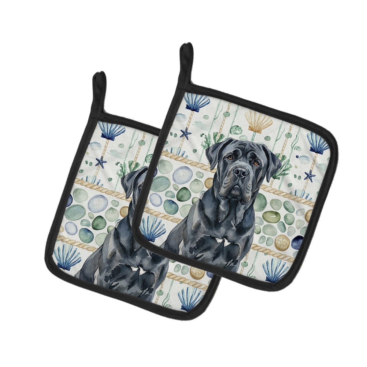 Picture of Carolines Treasures WDK7121PTHD 7.5 x 7.5 in. Black Neapolitan Mastiff Coastal Sea Glass Pair of Pot Holders