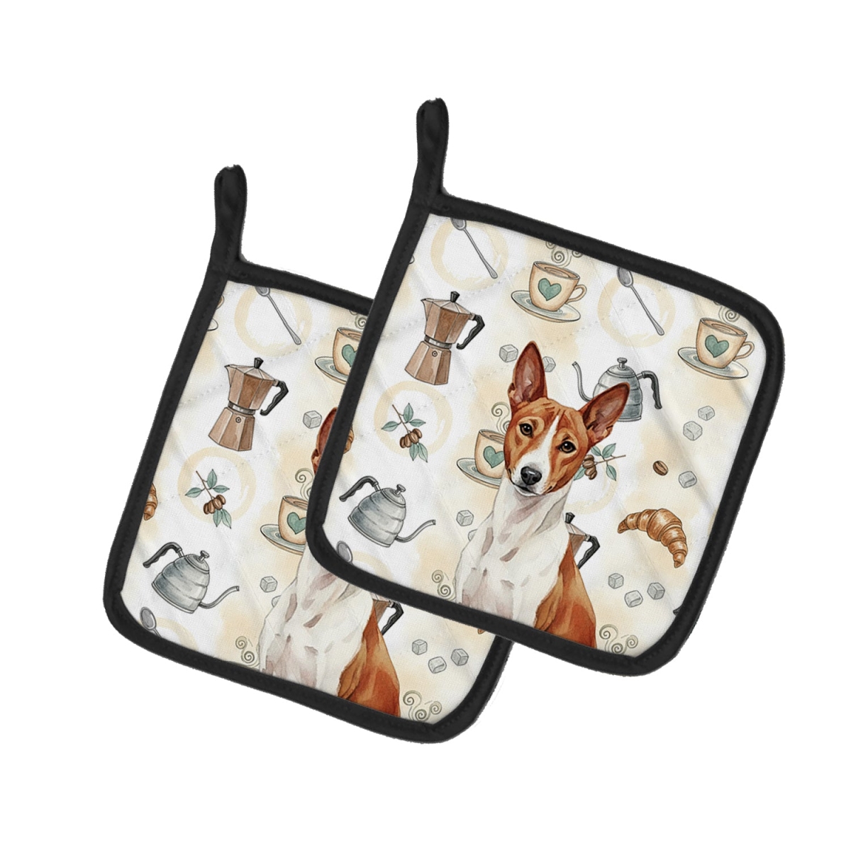 Picture of Carolines Treasures WDK7294PTHD 7.5 x 7.5 in. Red & White Basenji Coffee Bar Pair of Pot Holders