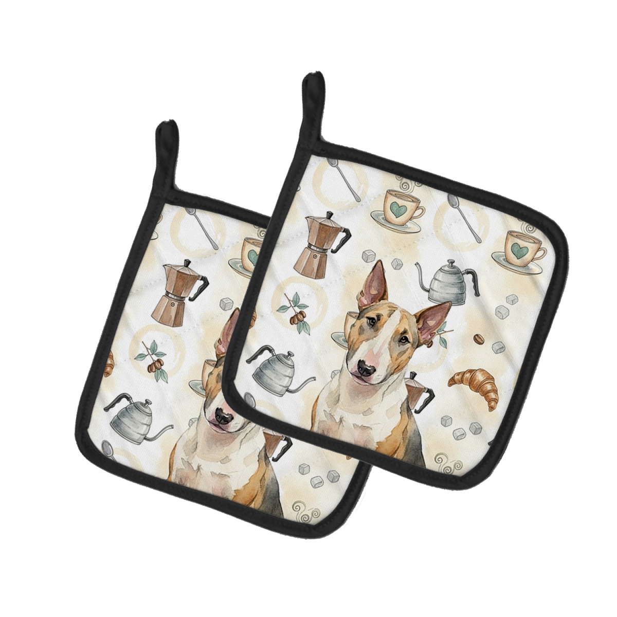 Picture of Carolines Treasures WDK7512PTHD 7.5 x 7.5 in. Tricolor Miniature Bull Terrier Coffee Bar Pair of Pot Holders