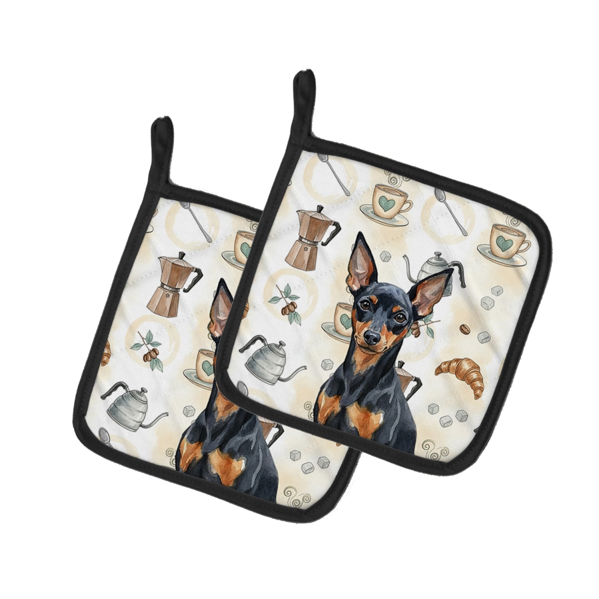Picture of Carolines Treasures WDK7515PTHD 7.5 x 7.5 in. Black & Tan Miniature Pinscher Coffee Bar Pair of Pot Holders