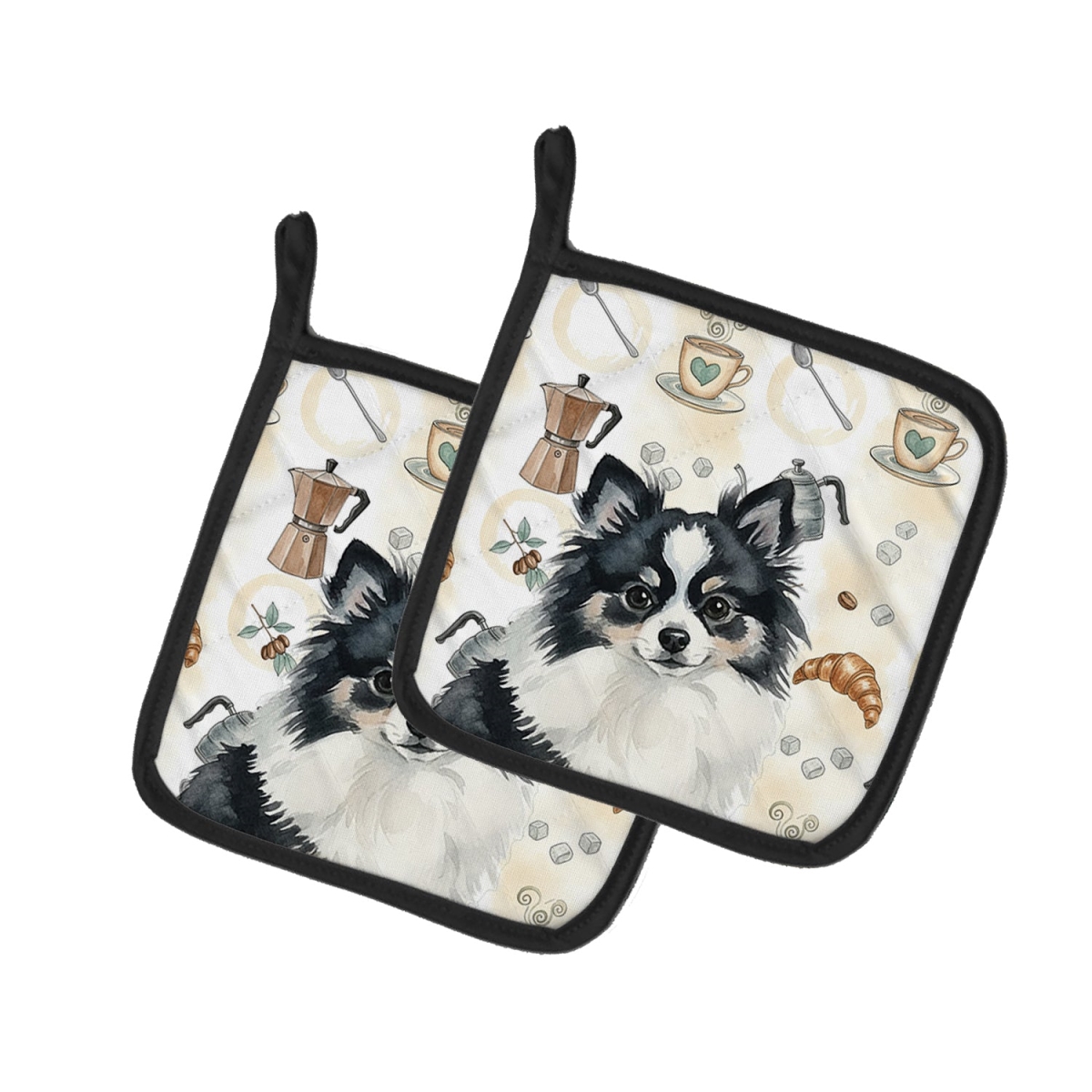 Picture of Carolines Treasures WDK7558PTHD 7.5 x 7.5 in. Black & White Pomeranian Coffee Bar Pair of Pot Holders