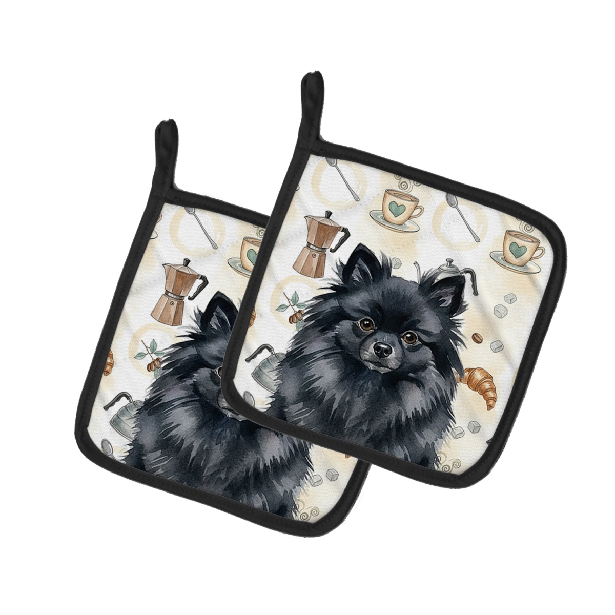 Picture of Carolines Treasures WDK7559PTHD 7.5 x 7.5 in. Black Pomeranian Coffee Bar Pair of Pot Holders