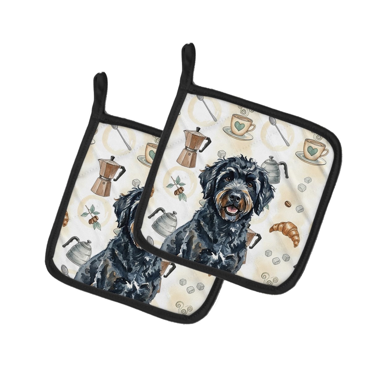 Picture of Carolines Treasures WDK7579PTHD 7.5 x 7.5 in. Black Portuguese Water Dog Coffee Bar Pair of Pot Holders