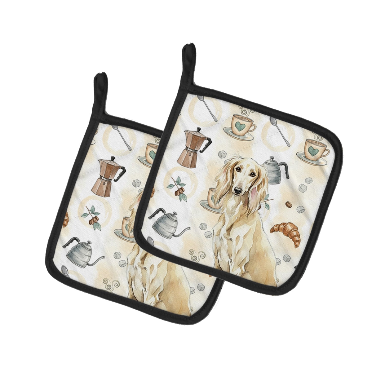Picture of Carolines Treasures WDK7595PTHD 7.5 x 7.5 in. Cream Saluki Coffee Bar Pair of Pot Holders