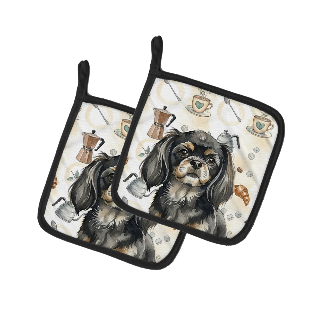 Picture of Carolines Treasures WDK7637PTHD 7.5 x 7.5 in. Black & Tan Tibetan Spaniel Coffee Bar Pair of Pot Holders