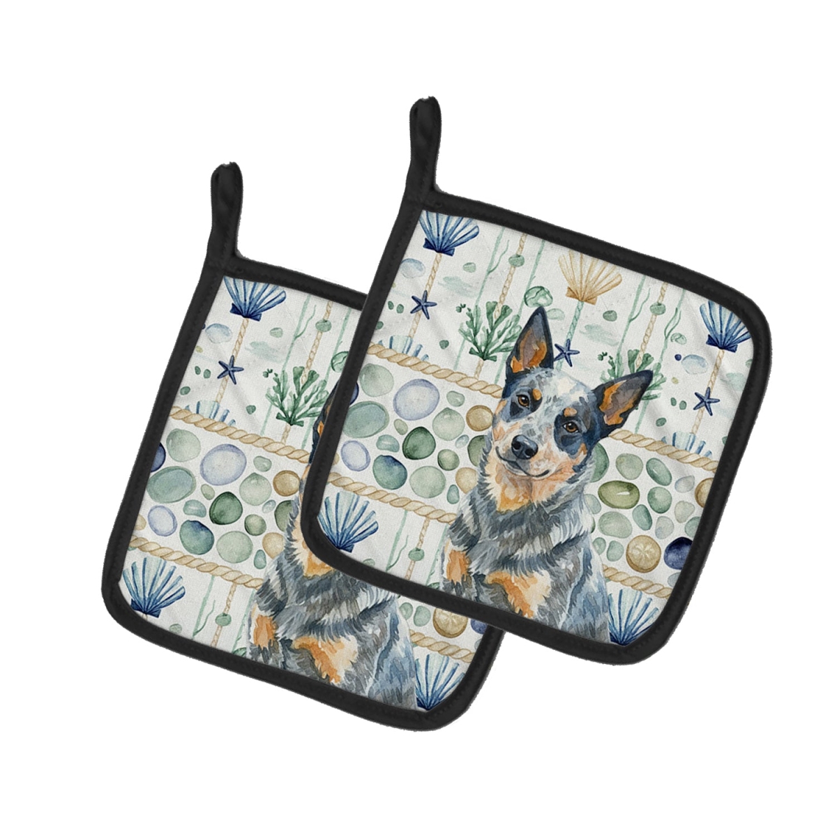 Picture of Carolines Treasures WDK6887PTHD 7.5 x 7.5 in. Blue Heeler Australian Cattle Dog Coastal Sea Glass Pair of Pot Holders