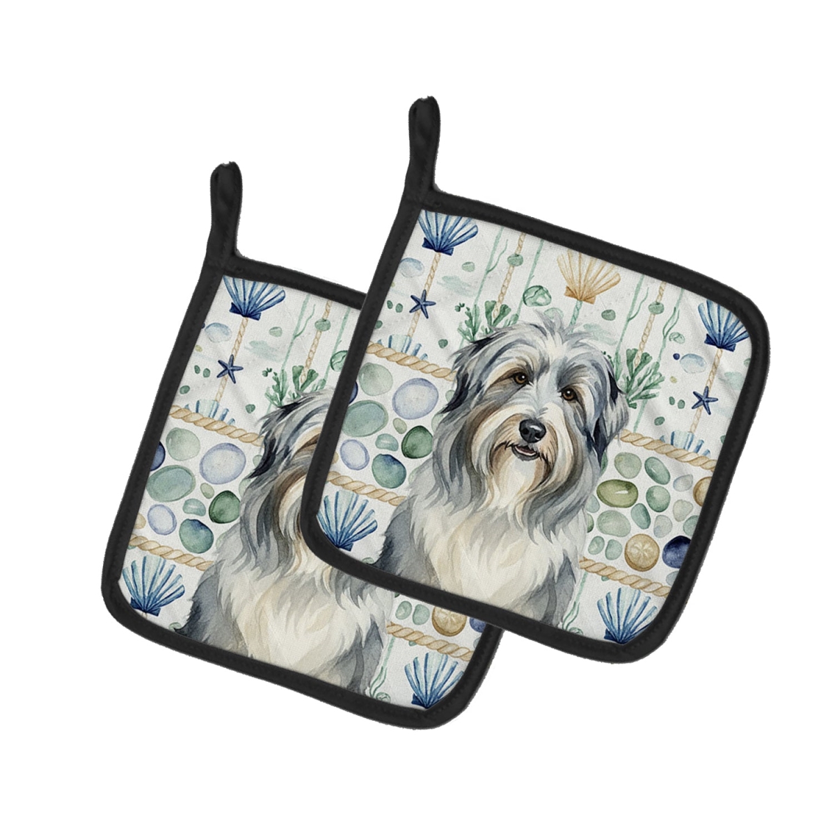 Picture of Carolines Treasures WDK6903PTHD 7.5 x 7.5 in. Bearded Collie Coastal Sea Glass Pair of Pot Holders