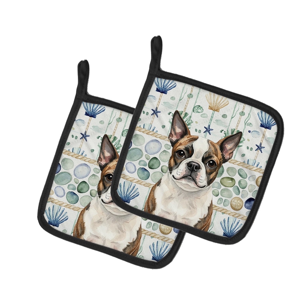 Picture of Carolines Treasures WDK6931PTHD 7.5 x 7.5 in. Brindle Boston Terrier Coastal Sea Glass Pair of Pot Holders