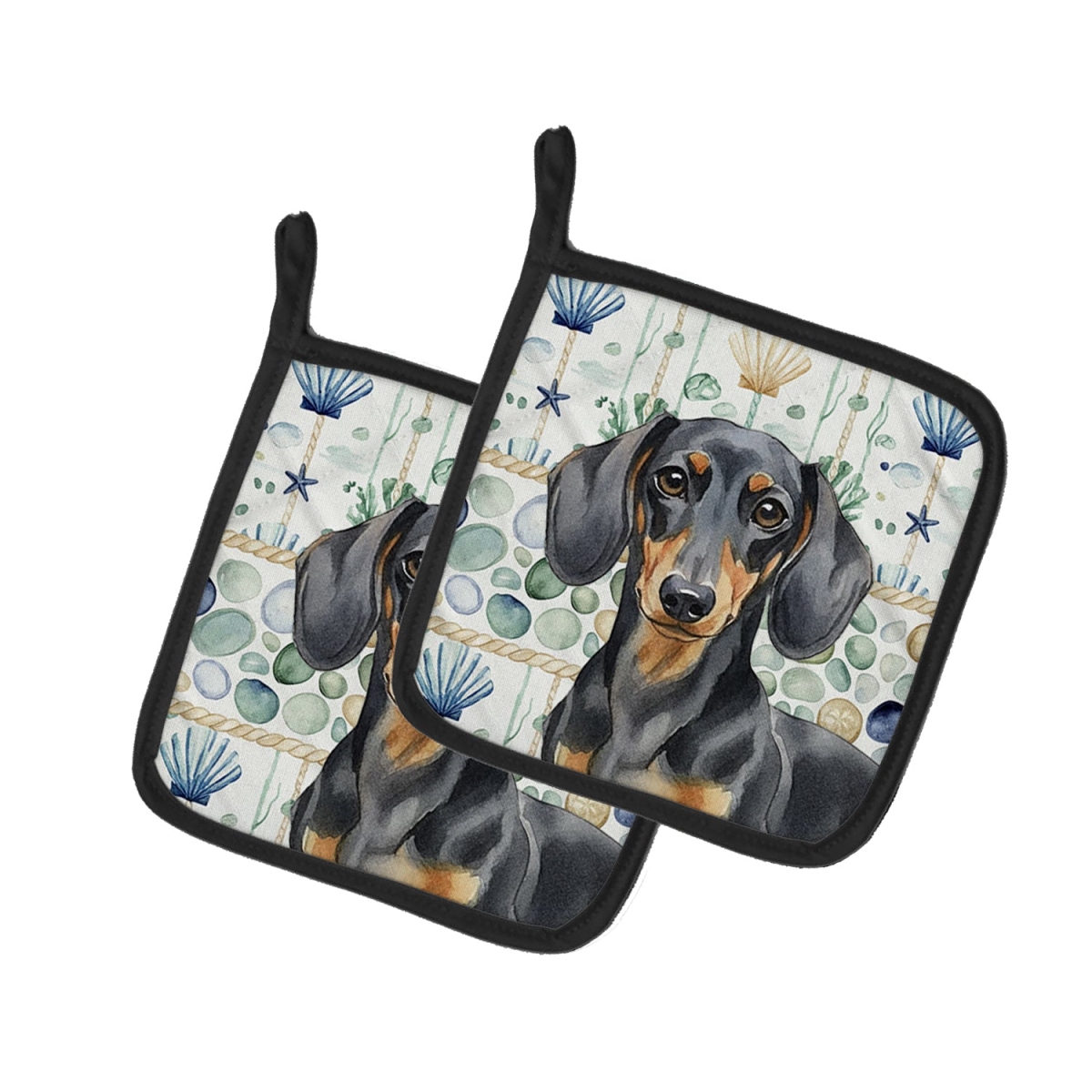Picture of Carolines Treasures WDK6991PTHD 7.5 x 7.5 in. Black & Tan Dachshund Coastal Sea Glass Pair of Pot Holders