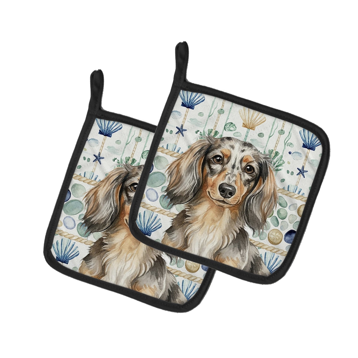 Picture of Carolines Treasures WDK6998PTHD 7.5 x 7.5 in. Longhaired Dapple Dachshund Coastal Sea Glass Pair of Pot Holders