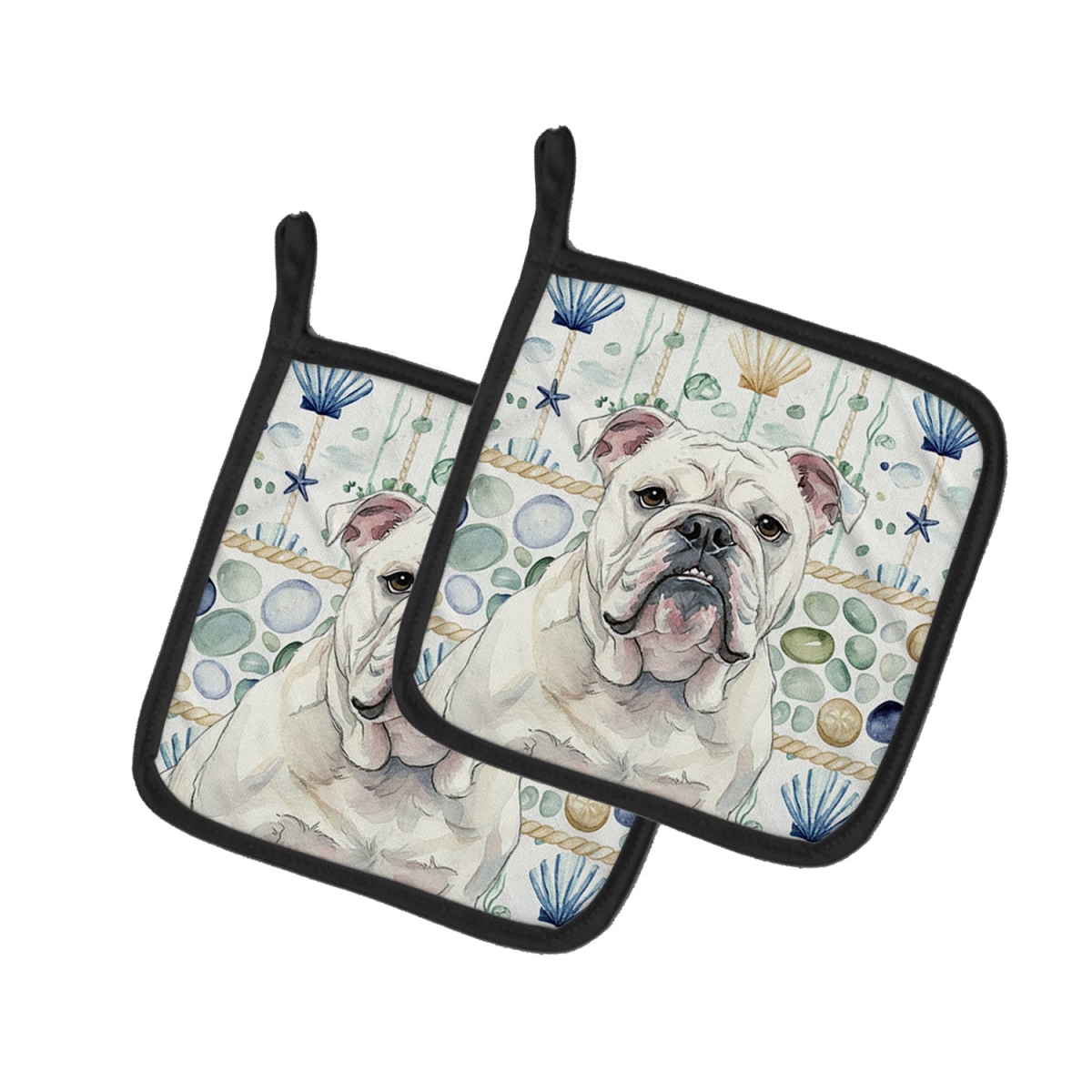 Picture of Carolines Treasures WDK7015PTHD 7.5 x 7.5 in. White English Bulldog Coastal Sea Glass Pair of Pot Holders