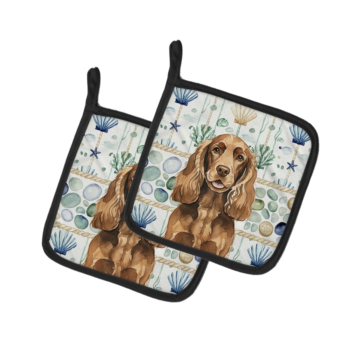 Picture of Carolines Treasures WDK7020PTHD 7.5 x 7.5 in. Liver English Cocker Spaniel Coastal Sea Glass Pair of Pot Holders