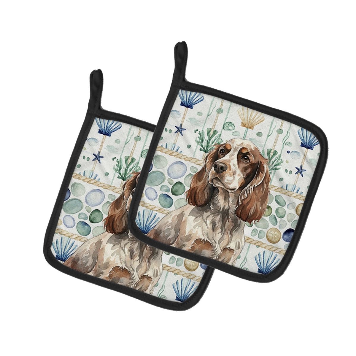 Picture of Carolines Treasures WDK7021PTHD 7.5 x 7.5 in. Liver Roan English Cocker Spaniel Coastal Sea Glass Pair of Pot Holders
