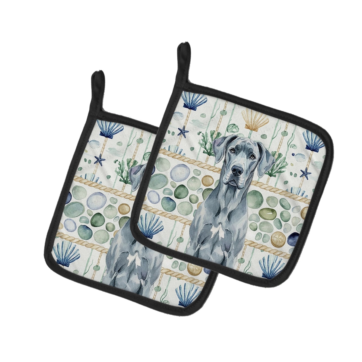 Picture of Carolines Treasures WDK7054PTHD 7.5 x 7.5 in. Blue Great Dane Coastal Sea Glass Pair of Pot Holders