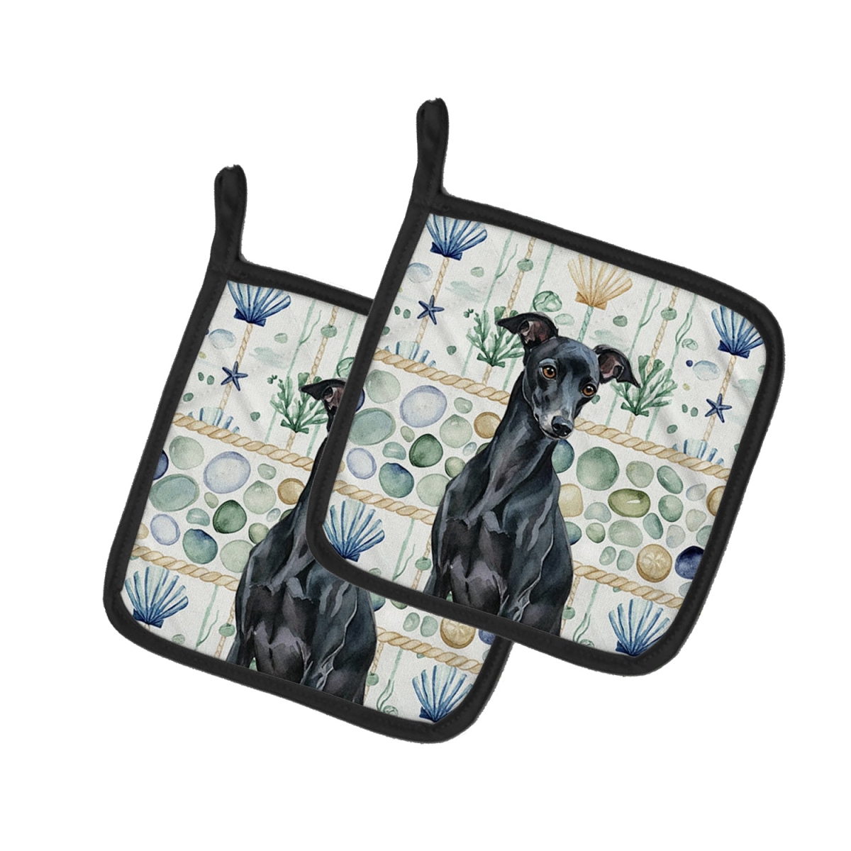 Picture of Carolines Treasures WDK7077PTHD 7.5 x 7.5 in. Black Italian Greyhound Coastal Sea Glass Pair of Pot Holders