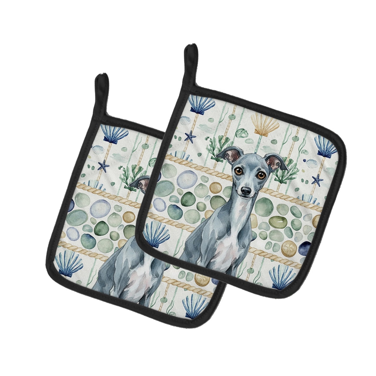 Picture of Carolines Treasures WDK7078PTHD 7.5 x 7.5 in. Blue Italian Greyhound Coastal Sea Glass Pair of Pot Holders