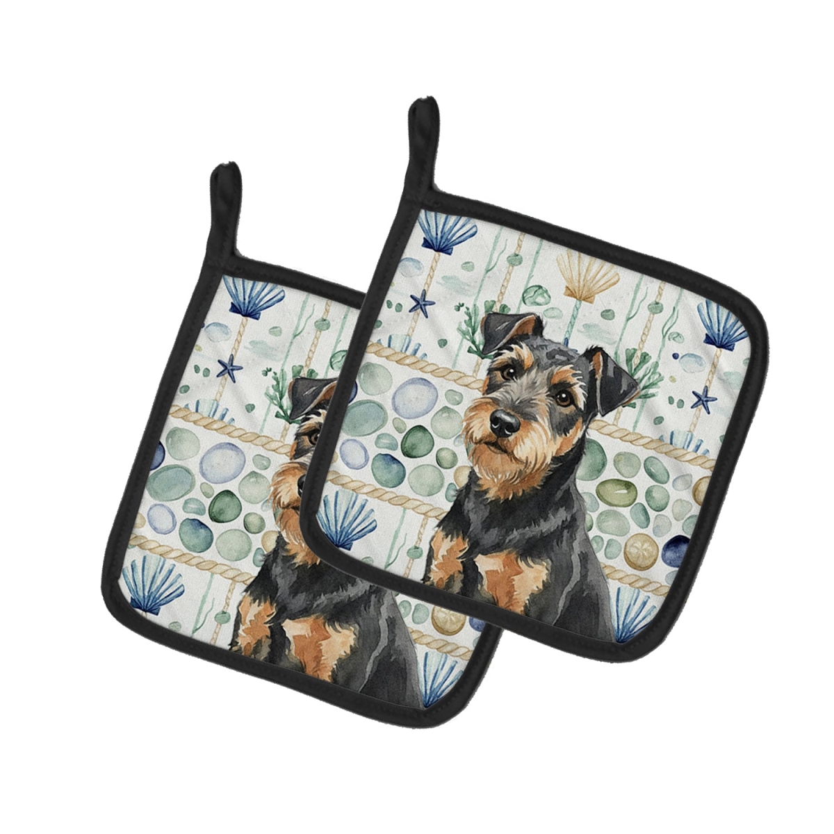 Picture of Carolines Treasures WDK7096PTHD 7.5 x 7.5 in. Black & Tan Lakeland Terrier Coastal Sea Glass Pair of Pot Holders