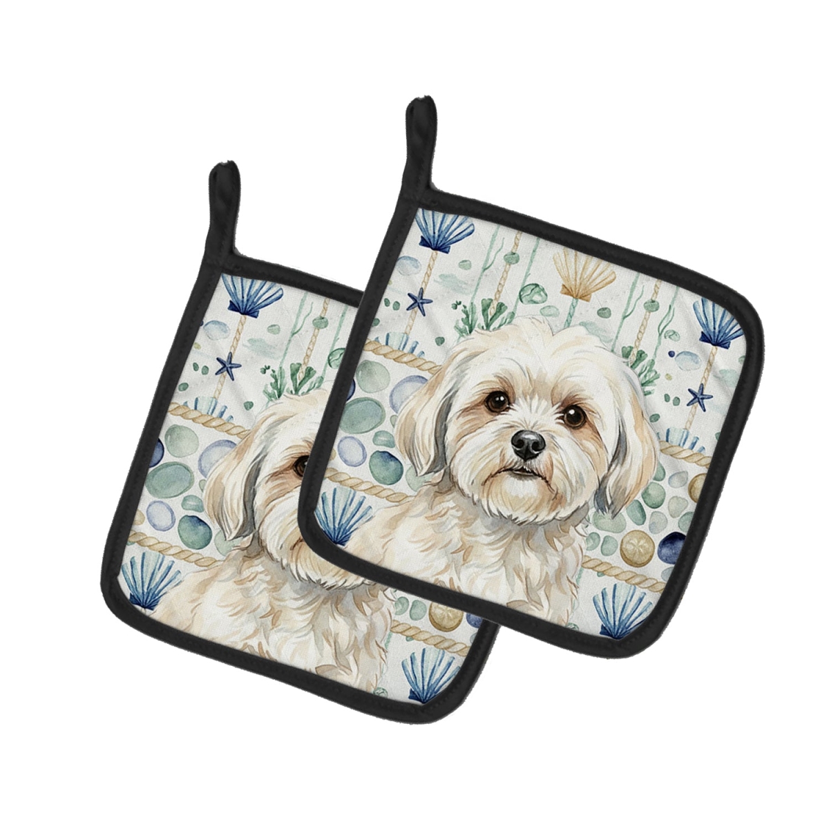Picture of Carolines Treasures WDK7105PTHD 7.5 x 7.5 in. White Lhasa Apso Coastal Sea Glass Pair of Pot Holders