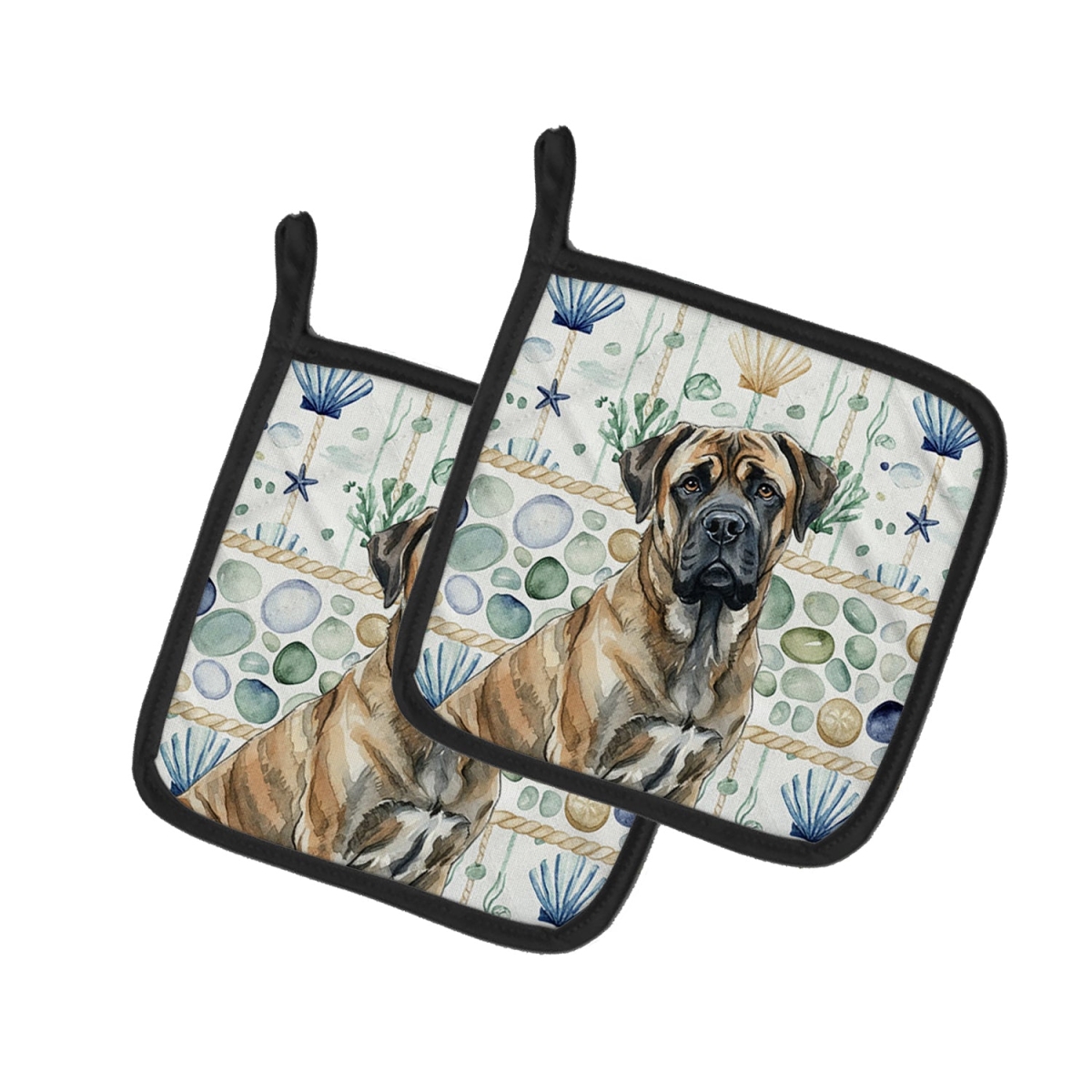 Picture of Carolines Treasures WDK7109PTHD 7.5 x 7.5 in. Brindle Mastiff Coastal Sea Glass Pair of Pot Holders