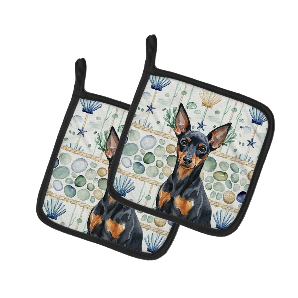 Picture of Carolines Treasures WDK7115PTHD 7.5 x 7.5 in. Black & Tan Miniature Pinscher Coastal Sea Glass Pair of Pot Holders