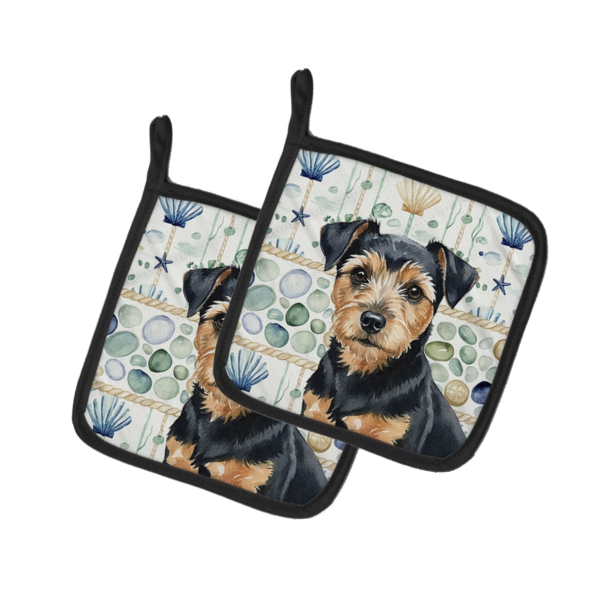 Picture of Carolines Treasures WDK7128PTHD 7.5 x 7.5 in. Black & Tan Norfolk Terrier Coastal Sea Glass Pair of Pot Holders