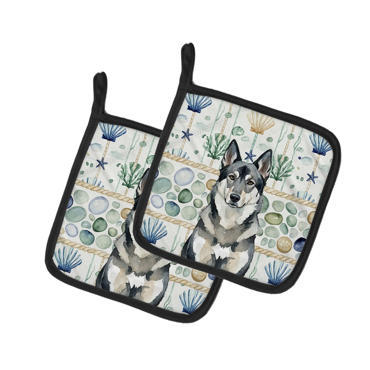 Picture of Carolines Treasures WDK7132PTHD 7.5 x 7.5 in. Norwegian Elkhound Coastal Sea Glass Pair of Pot Holders