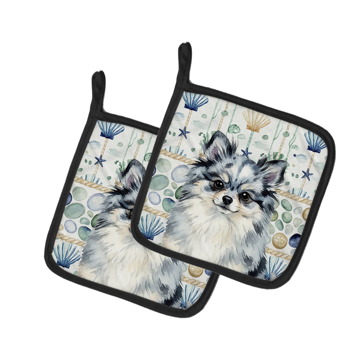 Picture of Carolines Treasures WDK7160PTHD 7.5 x 7.5 in. Blue Merle Pomeranian Coastal Sea Glass Pair of Pot Holders