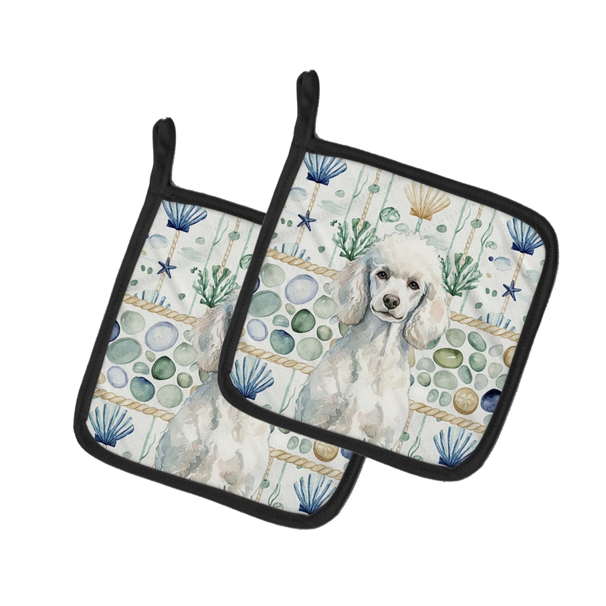 Picture of Carolines Treasures WDK7171PTHD 7.5 x 7.5 in. Standard White Poodle Coastal Sea Glass Pair of Pot Holders