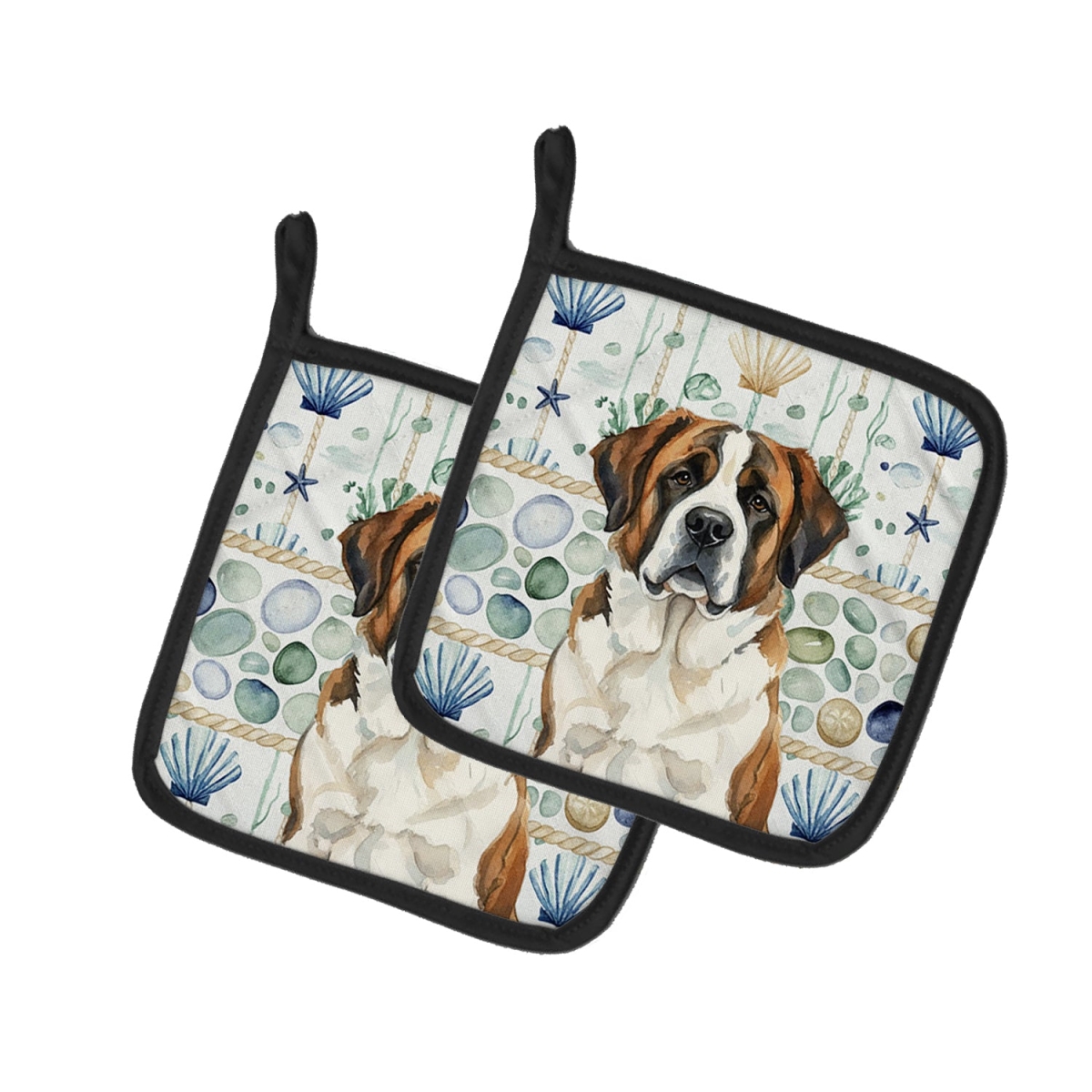 Picture of Carolines Treasures WDK7192PTHD 7.5 x 7.5 in. Brindle & White Saint Bernard Coastal Sea Glass Pair of Pot Holders
