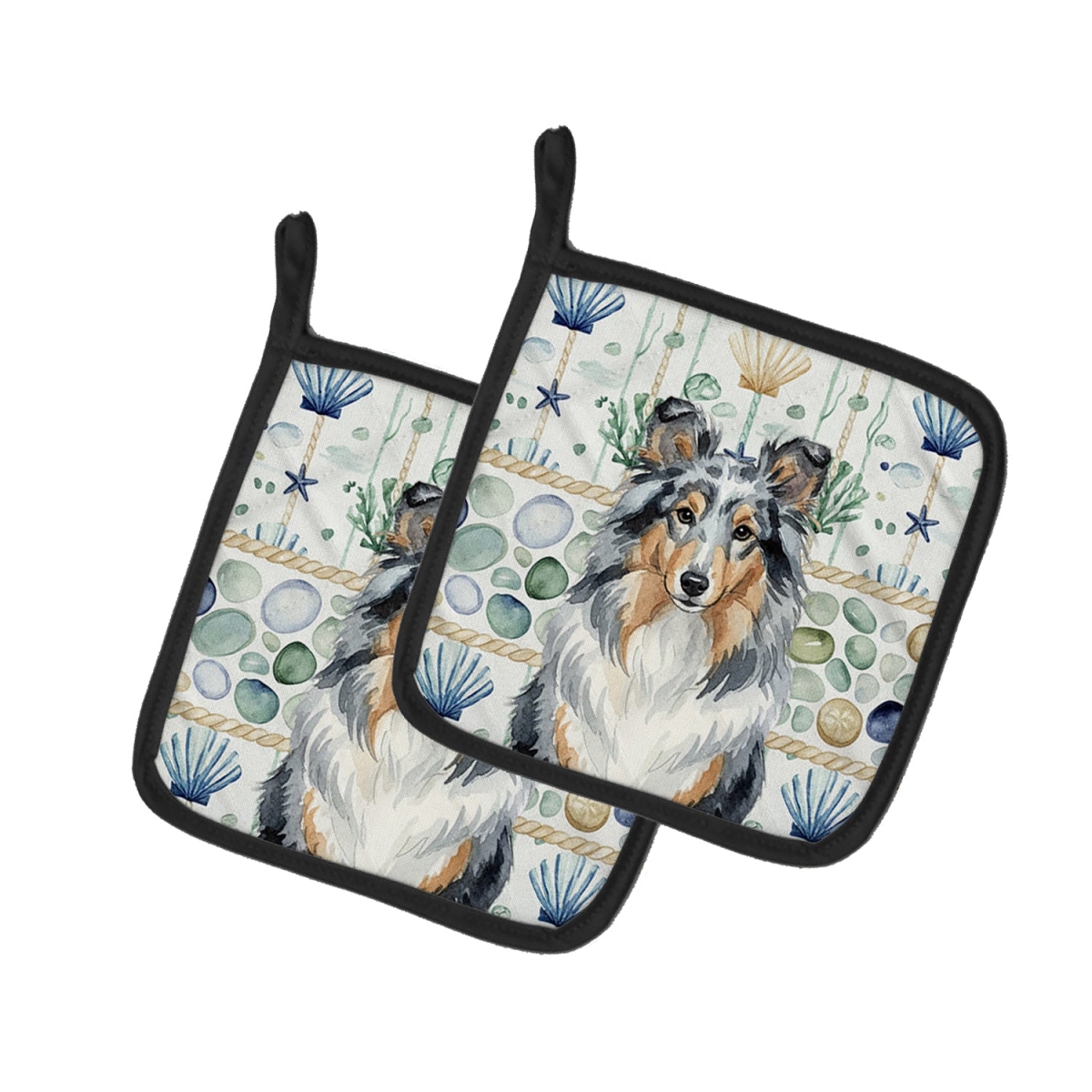 Picture of Carolines Treasures WDK7211PTHD 7.5 x 7.5 in. Blue Merle Sheltie Coastal Sea Glass Pair of Pot Holders