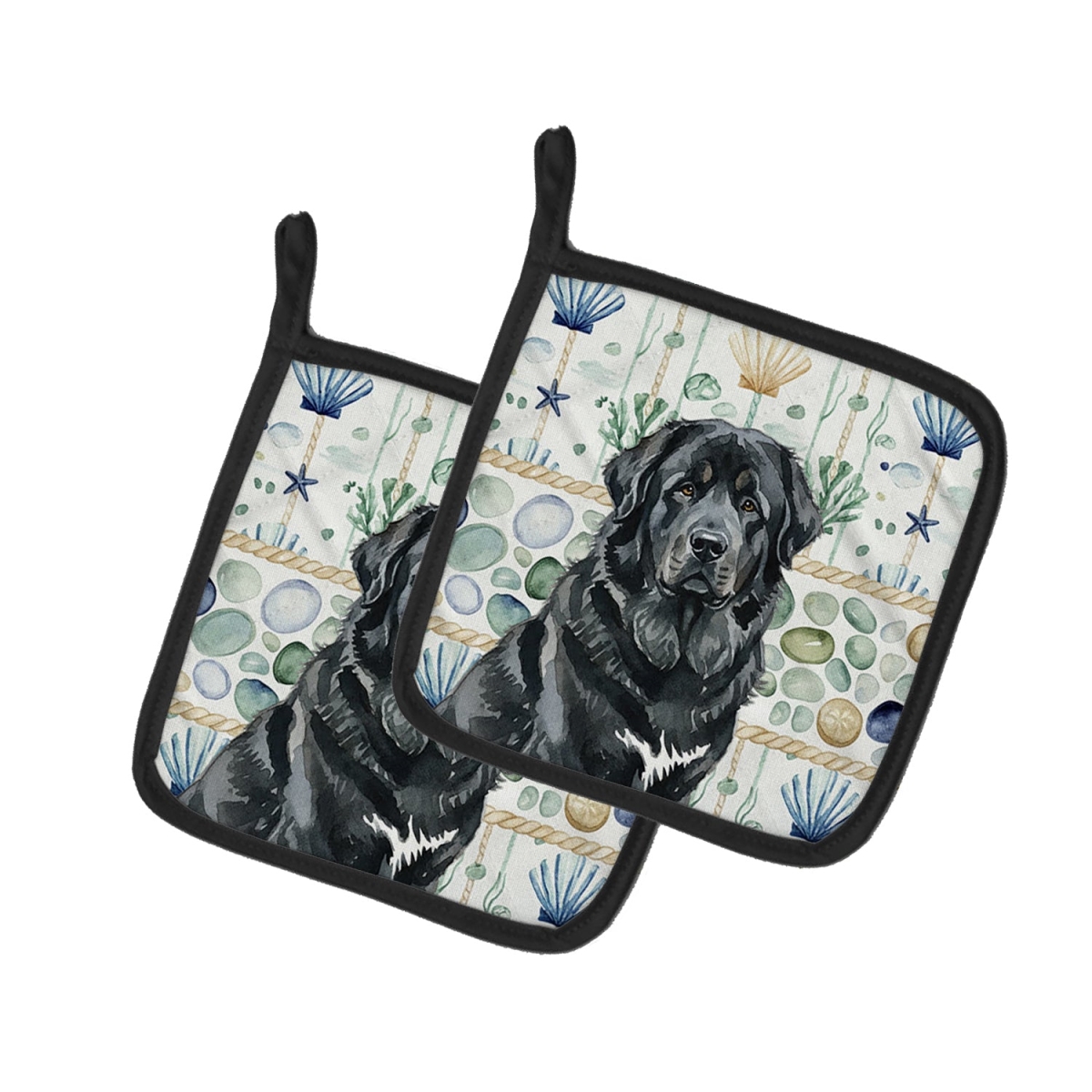 Picture of Carolines Treasures WDK7235PTHD 7.5 x 7.5 in. Black Tibetan Mastiff Coastal Sea Glass Pair of Pot Holders