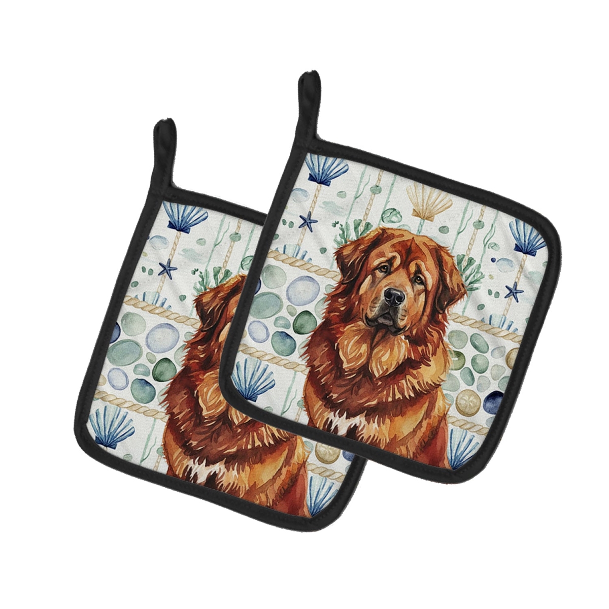 Picture of Carolines Treasures WDK7236PTHD 7.5 x 7.5 in. Red Gold Tibetan Mastiff Coastal Sea Glass Pair of Pot Holders