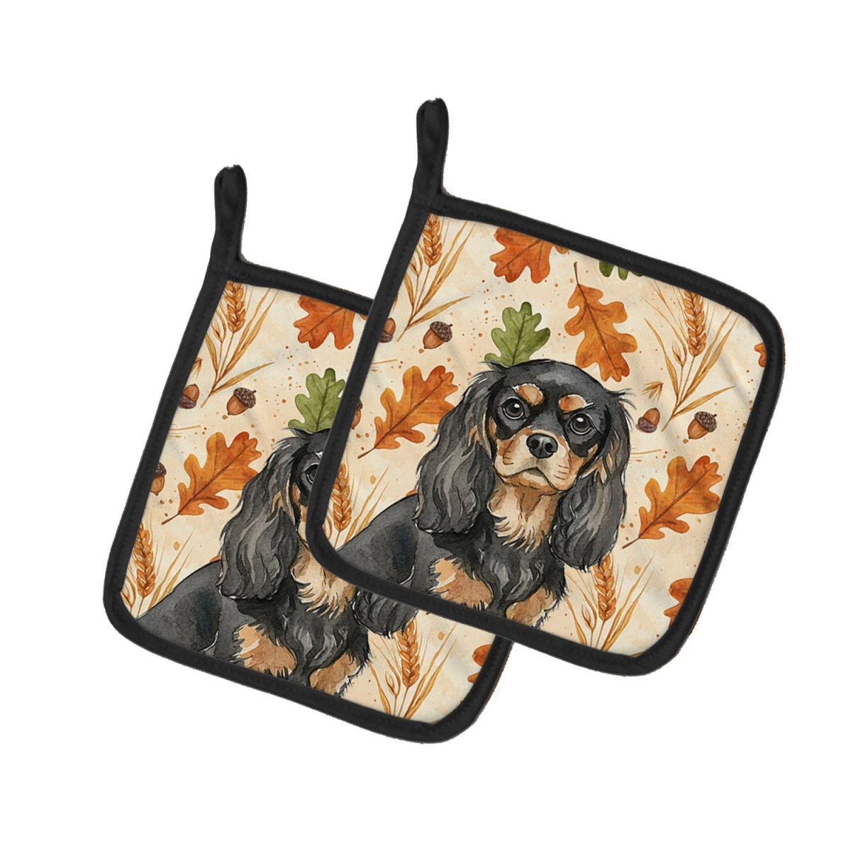 Picture of Carolines Treasures WDK7762PTHD 7.5 x 7.5 in. Black & Tan Cavalier Spaniel Heirloom Fall Pair of Pot Holders