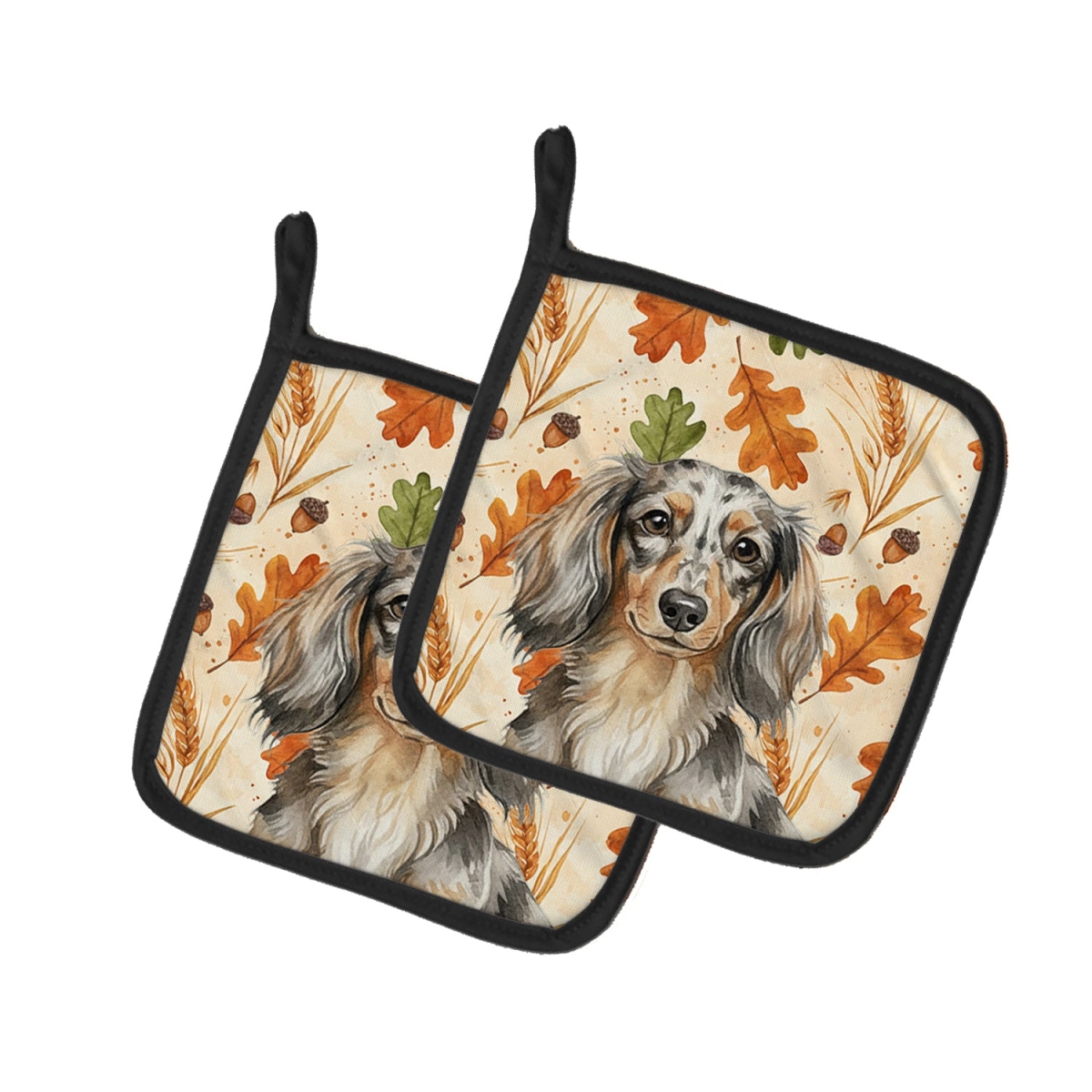 Picture of Carolines Treasures WDK7798PTHD 7.5 x 7.5 in. Longhaired Dapple Dachshund Heirloom Fall Pair of Pot Holders