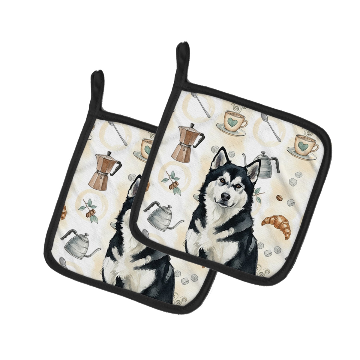 Picture of Carolines Treasures WDK7273PTHD 7.5 x 7.5 in. Black & White Alaskan Malamute Coffee Bar Pair of Pot Holders
