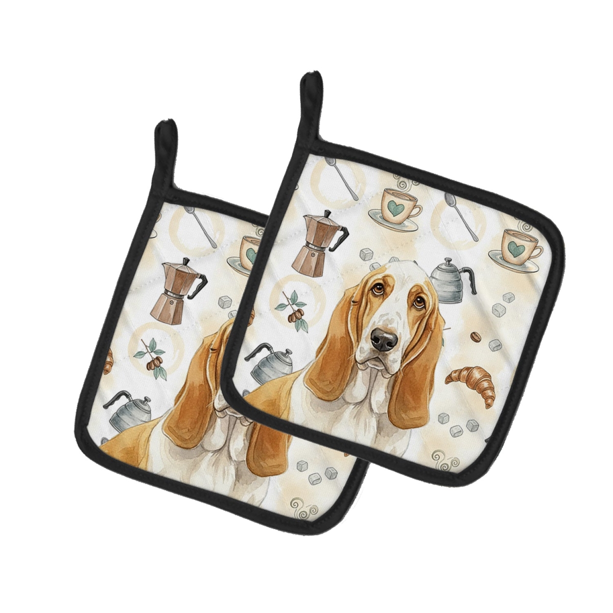 Picture of Carolines Treasures WDK7296PTHD 7.5 x 7.5 in. Lemon & White Basset Hound Coffee Bar Pair of Pot Holders