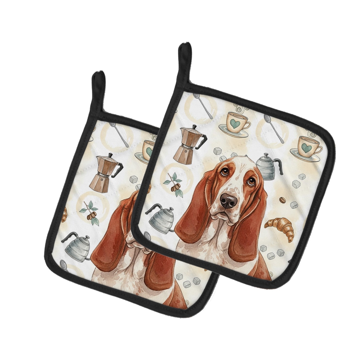 Picture of Carolines Treasures WDK7297PTHD 7.5 x 7.5 in. Red & White Basset Hound Coffee Bar Pair of Pot Holders